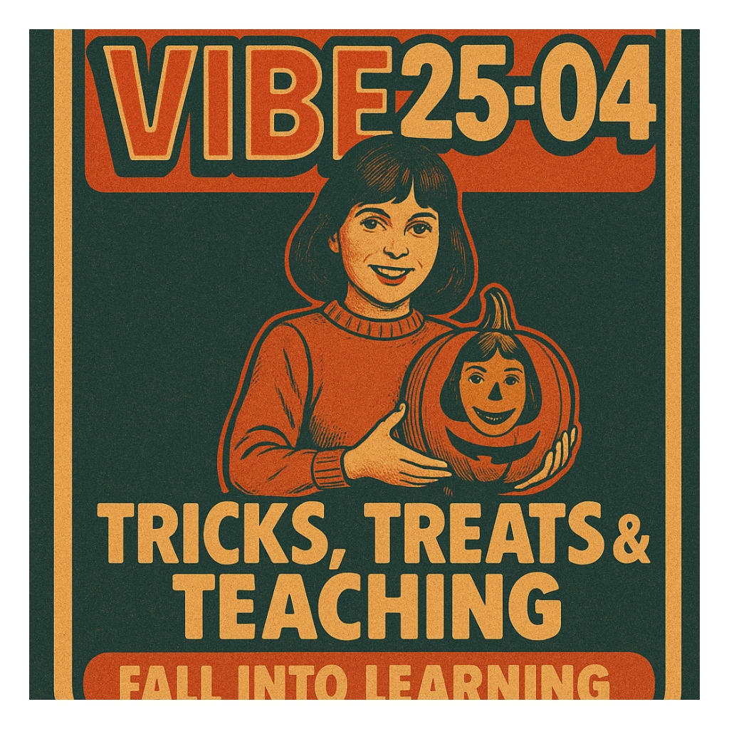 Create a logo that encompasses a retro 80's feel, nostalgic, ALSO RETRO.  Add the words "VIBE25-04: Tricks, Treats & Teaching: Fall Into Learning" sticker