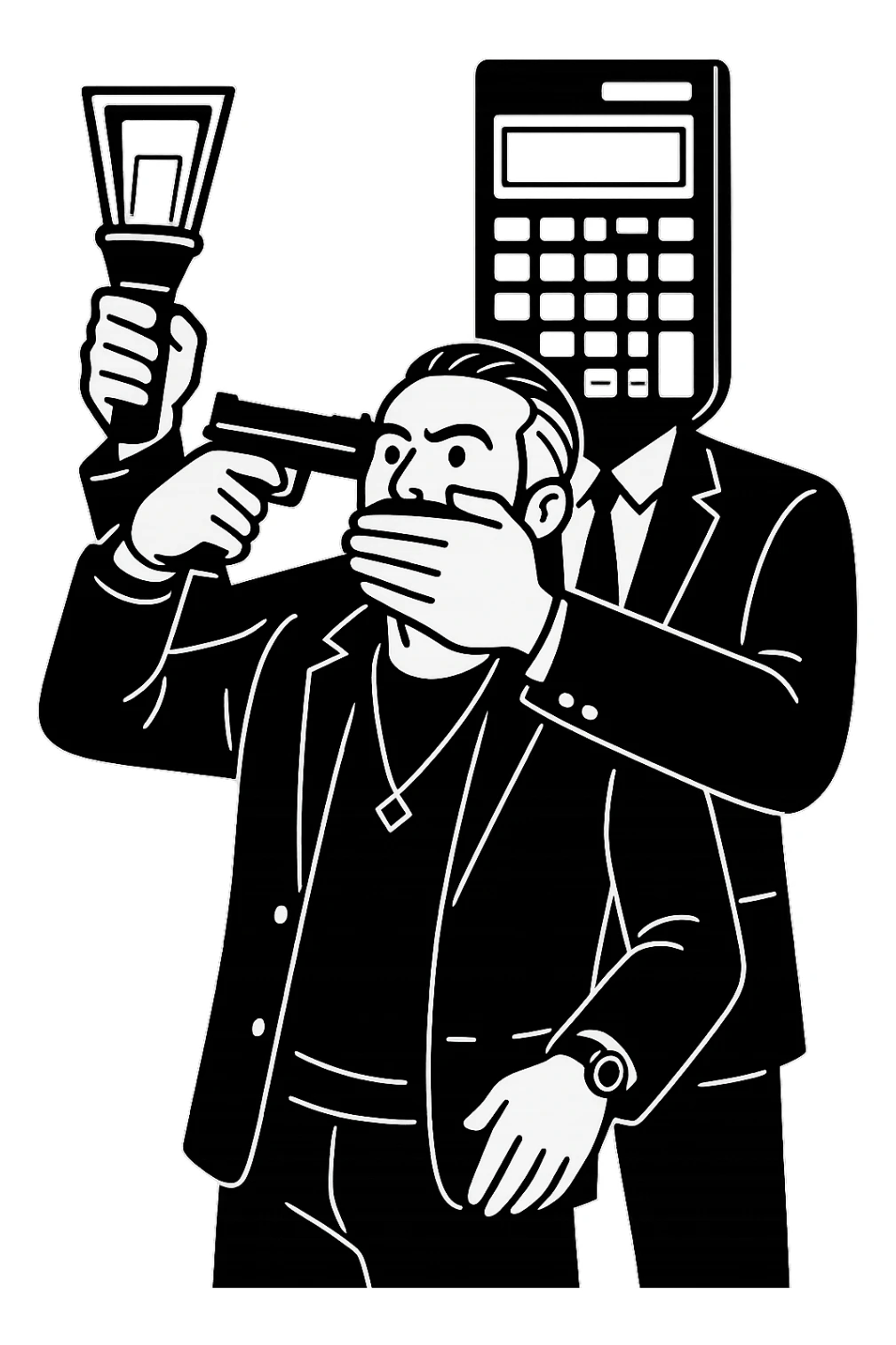 Используя такую стилистику и точно такого же героя, сгенерируй картинку. На ней позади героя стоит фигура в черном костюме, у которой вместо головы калькулятор, она приставила к виску героя пистолет, а другой рукой закрывает рот героя, прозрачный фон sticker