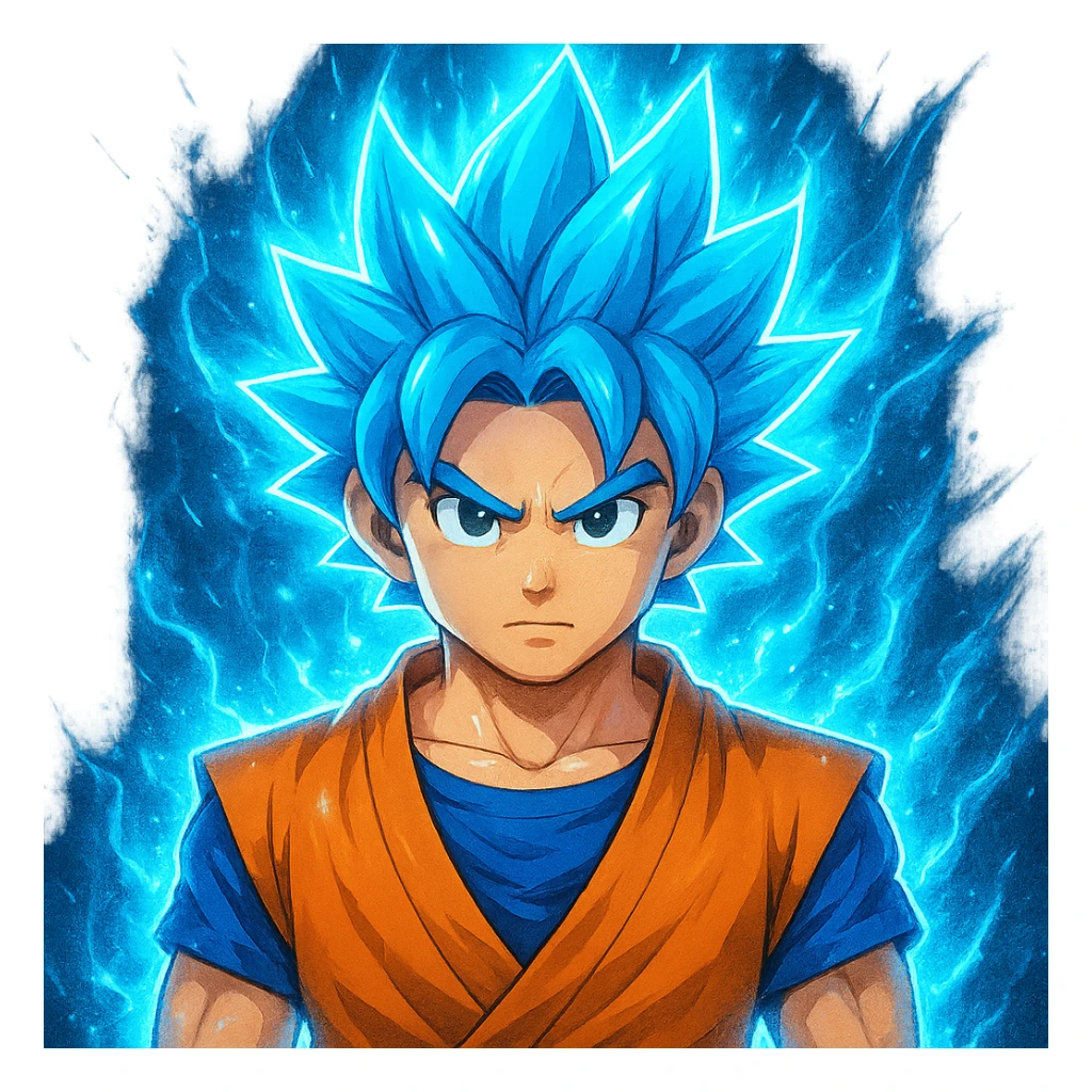Add a glowing blue power-up aura around the spiky-haired anime hero. Keep the background transparent. The style should resemble a vibrant anime illustration with dynamic blue glowing effects around the character's hair and body. sticker