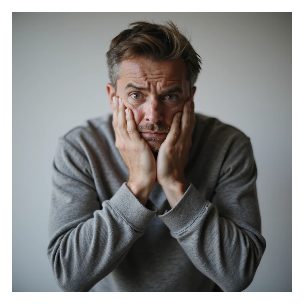 realistic 30-year-old man with evident anxiety, clenched jaw, arms tightly held by hands, fixed gaze, minimalist background sticker