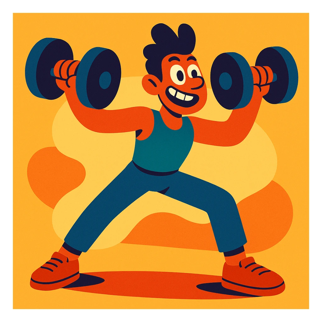 cartoon style energetic person doing dumbbell fly with dumbbells, mid-rep, dynamic pose sticker