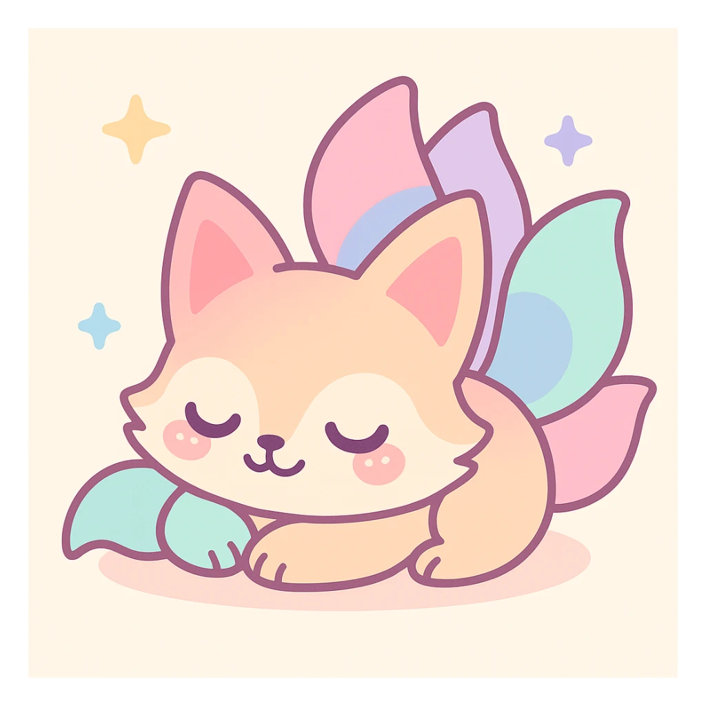sleeping kitsune with multiple tails, cozy and cute, cartoon style sticker