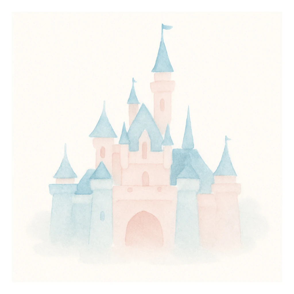 Disneyland castle, watercolor art style, soft edges, whimsical, light blue and pink sticker