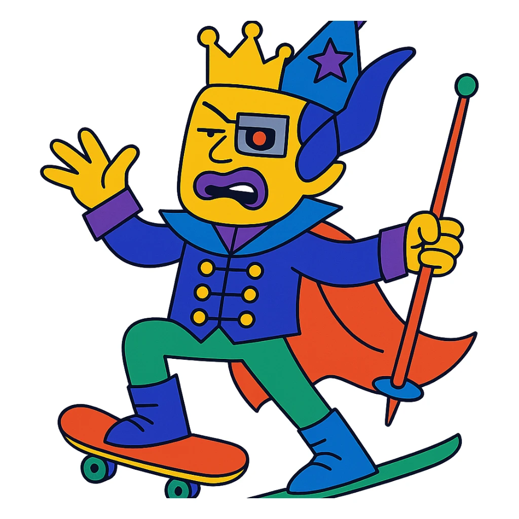 yellow guy showing off his fabulous outfit combining prince, alien, terminator, skater, skiier, and wizard elements, making a weird face, stylish and fabulous sticker