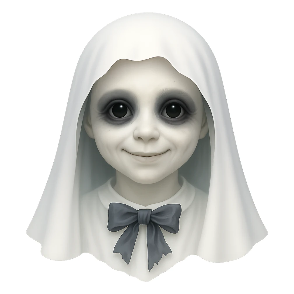 Make the girl ghost look friendlier by softening her expression, adding a gentle smile, brightening her eyes, and keeping her sheet bright and luminous with the torn bow. Maintain the transparent background. sticker