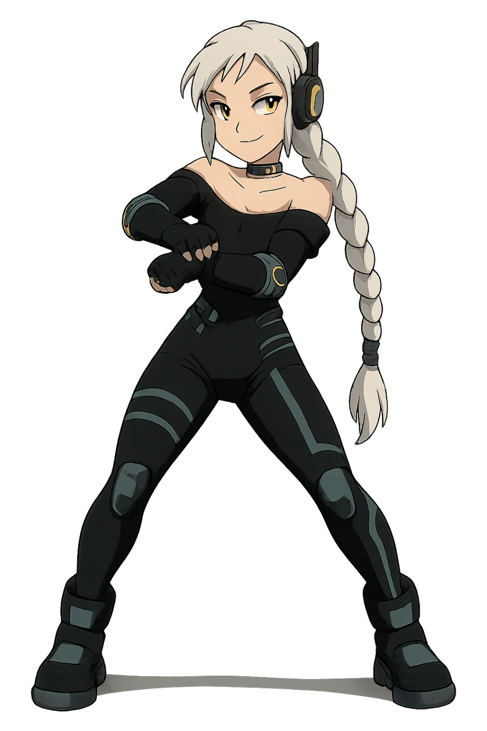1 female, gold yellow eyes, long white braid, black off shoulder top, futurepunk cybergoth doing “oppa gangnam style”  dance sticker