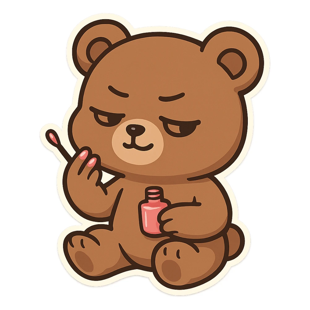 A brown bear paints his own pink nail polish, with a smug expression and a haughty attitude sticker