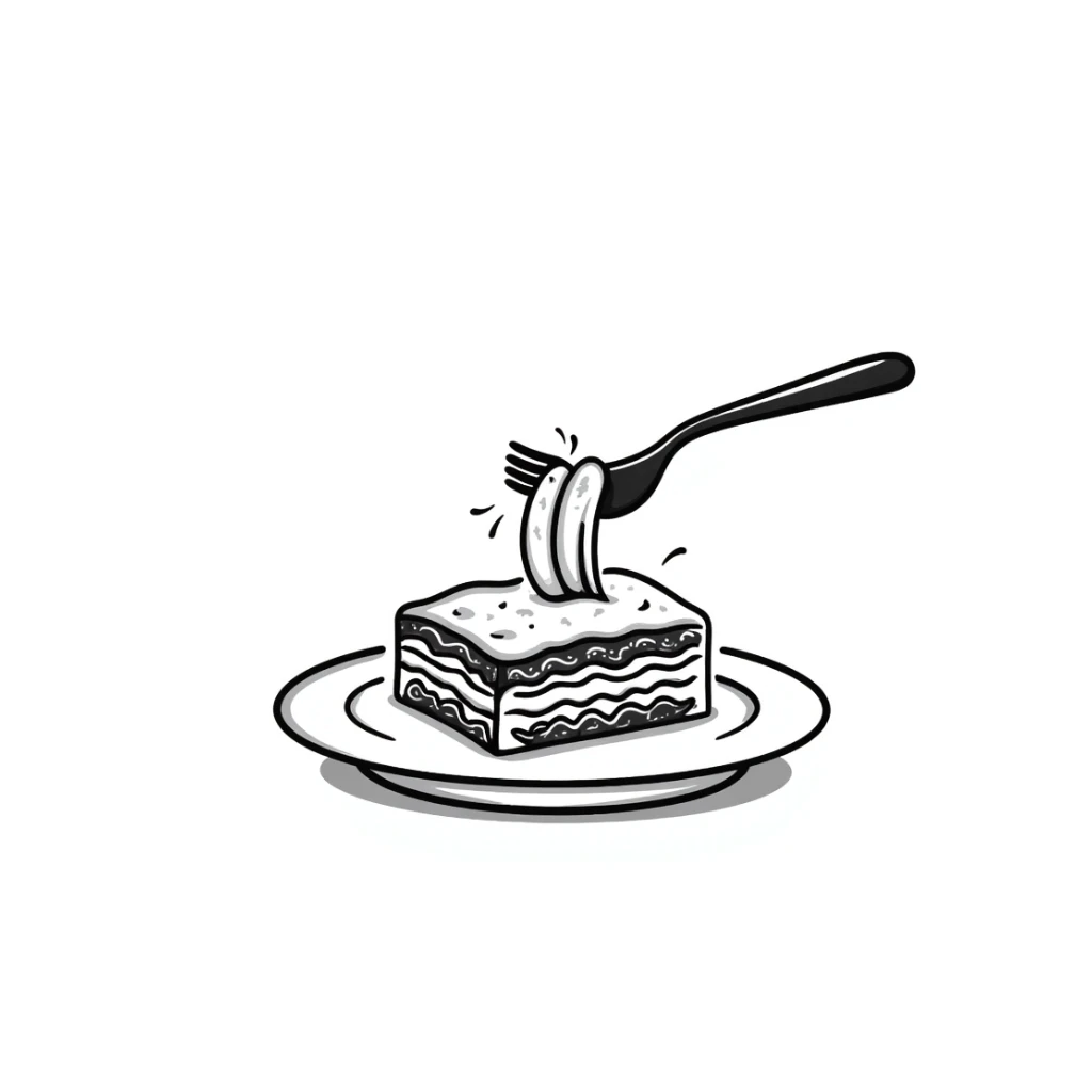 A hand-drawn plate of lasagna with a fork taking a bite, showing the layers sticker