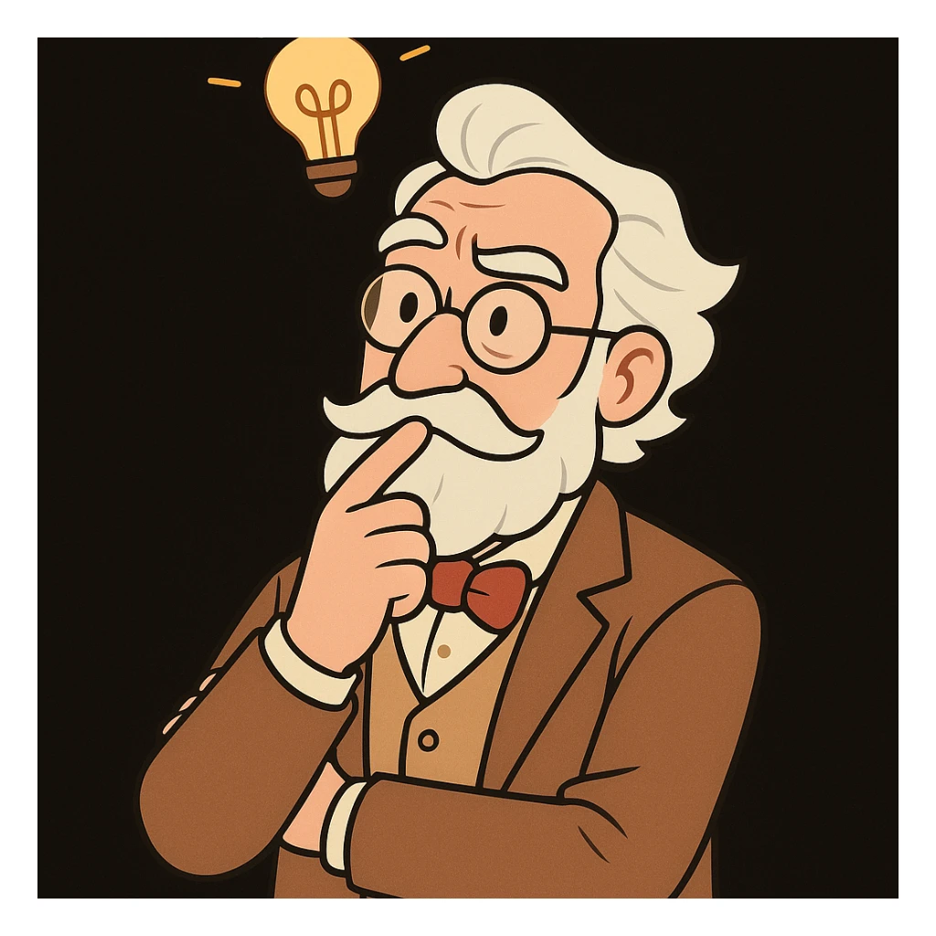 cartoon style wise gentleman brainstorming with a light bulb above his head to represent thinking, deepest black background, modern and playful look sticker