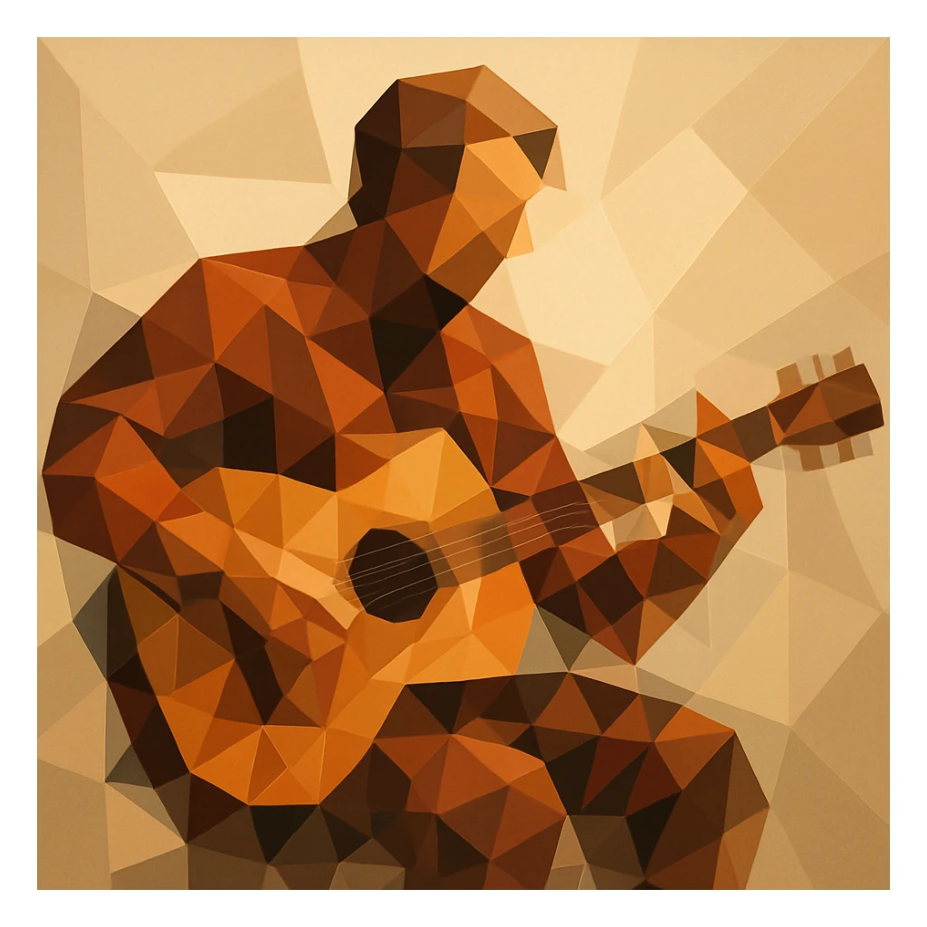 Musician playing a guitar with limbs and strings fractured into overlapping cubes and triangles. sticker