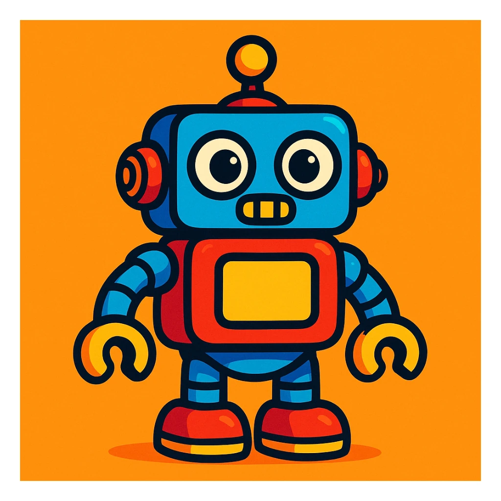 toy robot, cute cartoon style, bright colors, simple shapes sticker