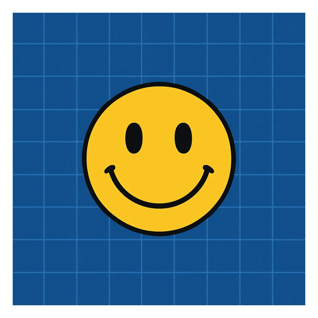 Frame 9: Fully blue background, grid lines almost all drawn, smiley face unchanged sticker