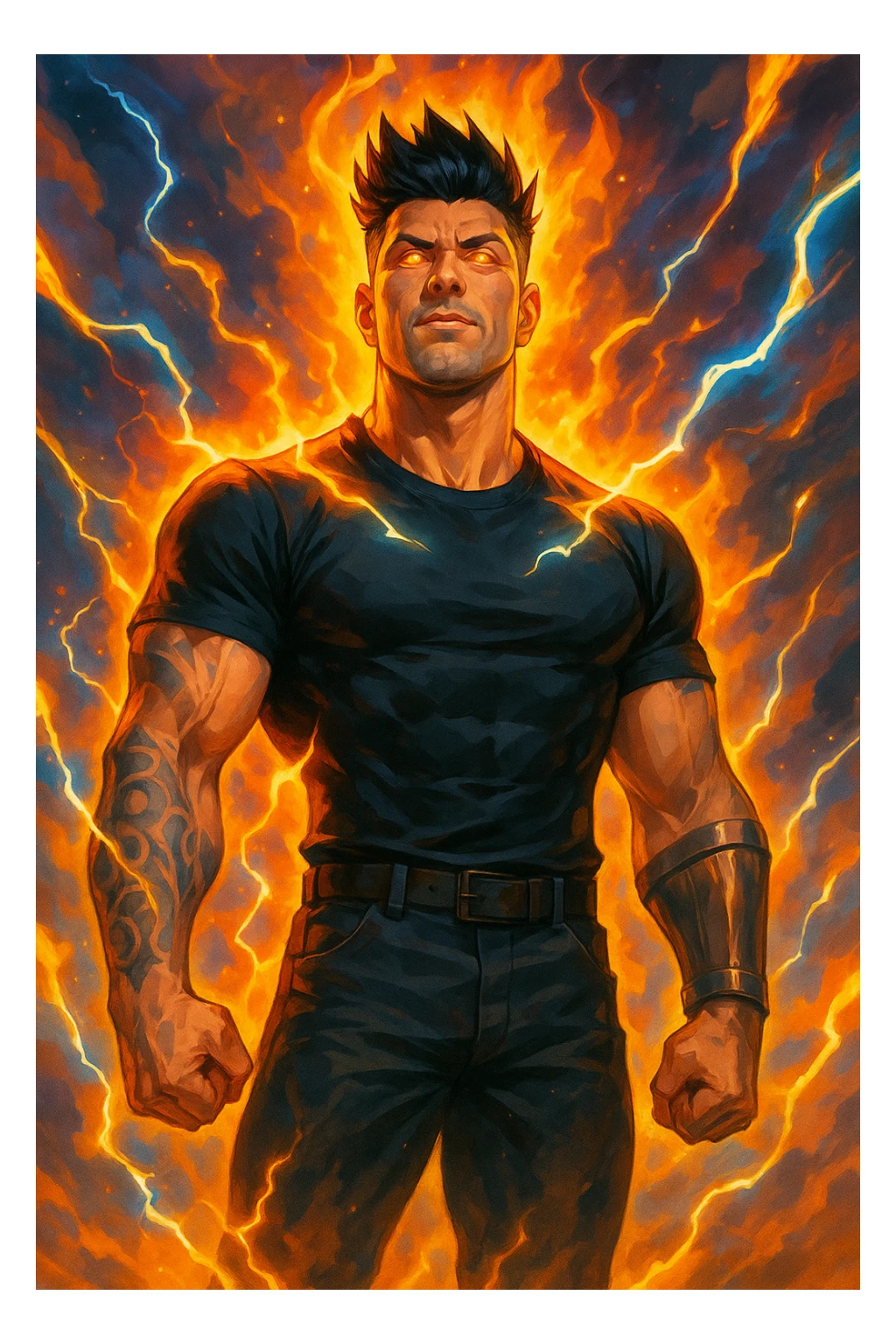 a muscular man with spiky hair stands in a powerful pose, surrounded by a glowing, fiery aura His eyes are intense and determined, and his body radiates energy and confidence. Lightning bolts and energy waves crackle around him, symbolizing a surge of testosterone and vitality. The background is dramatic, with swirling clouds and vibrant colors. sticker