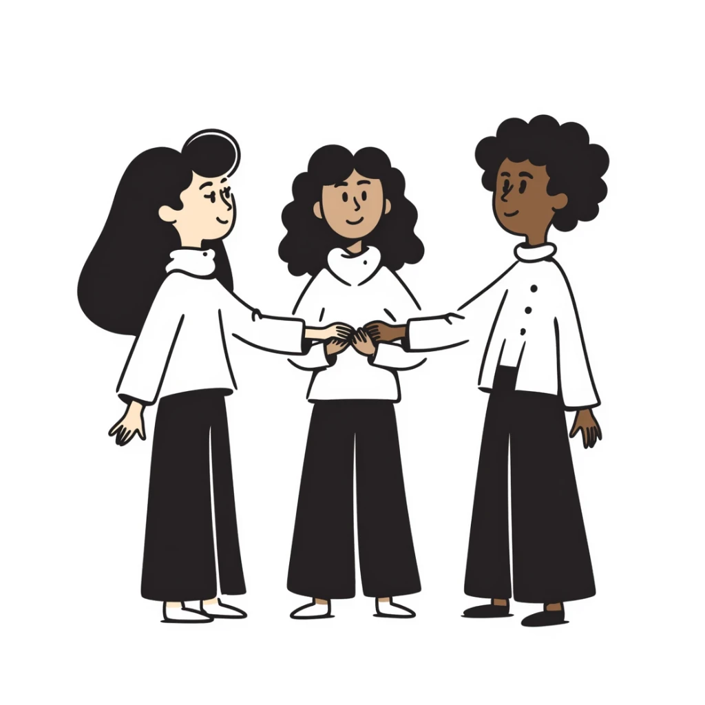 Three diverse people with different skin colors holding hands in solidarity, symbolizing racial integration and unity sticker