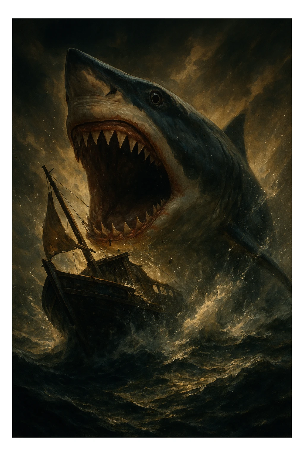 a shark eating a boat, dramatic cinematic style, intense lighting, high contrast, epic scene sticker
