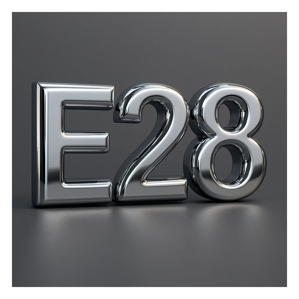 3D chrome letter 'E28' with a reflective surface sticker