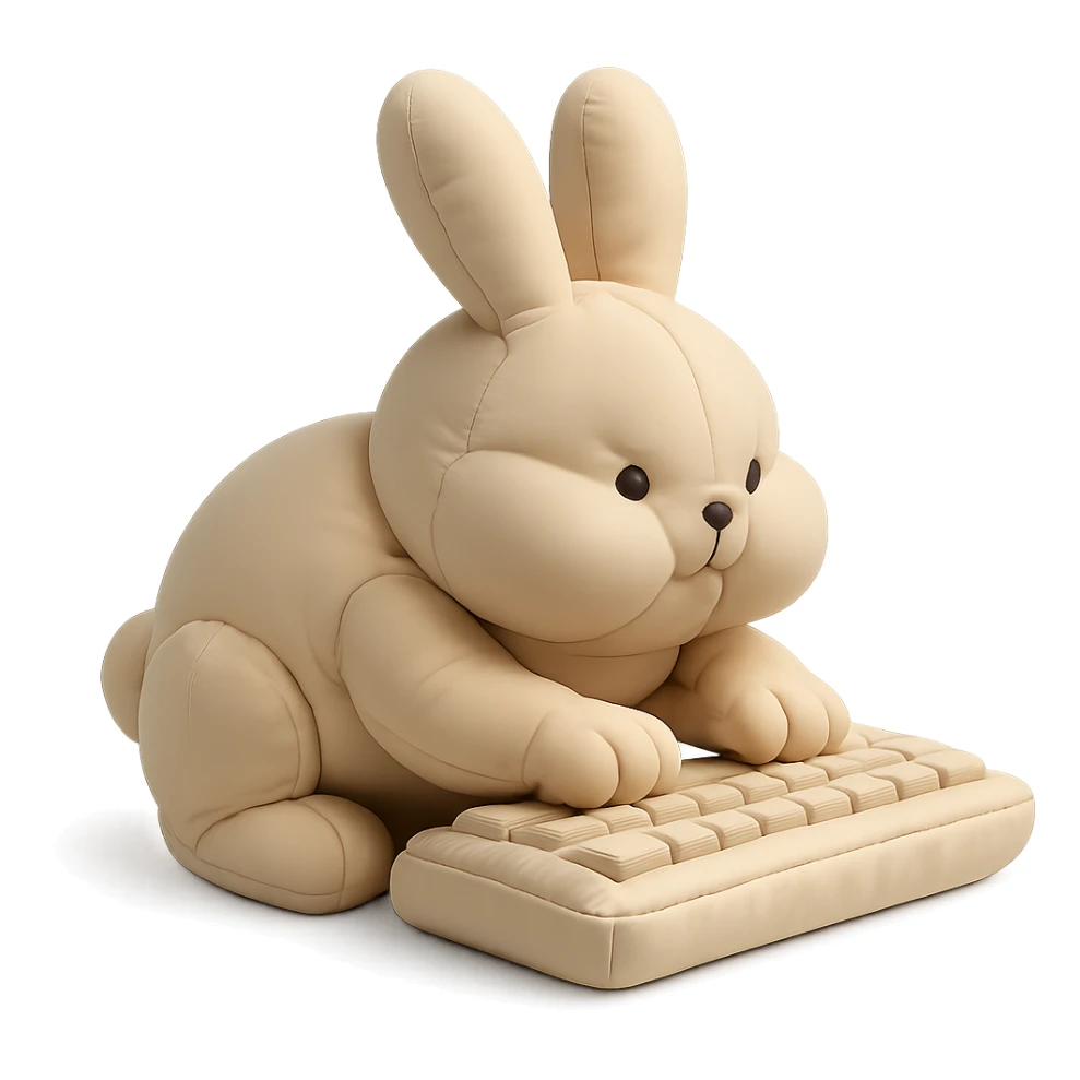 full-body vanilla bunny typing fast on a keyboard, cheeks puffed, cushion style sticker