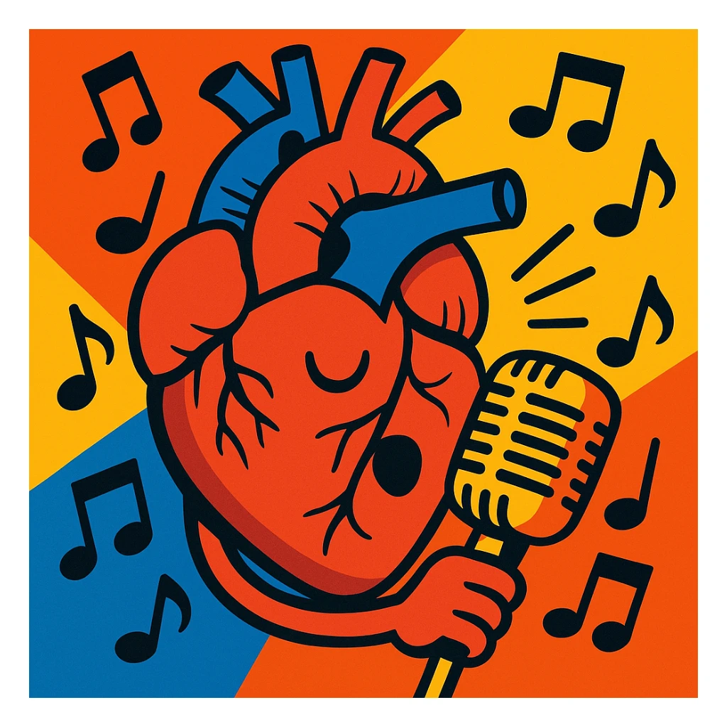 anatomical heart holding a vintage microphone, surrounded by music notes, dynamic style sticker
