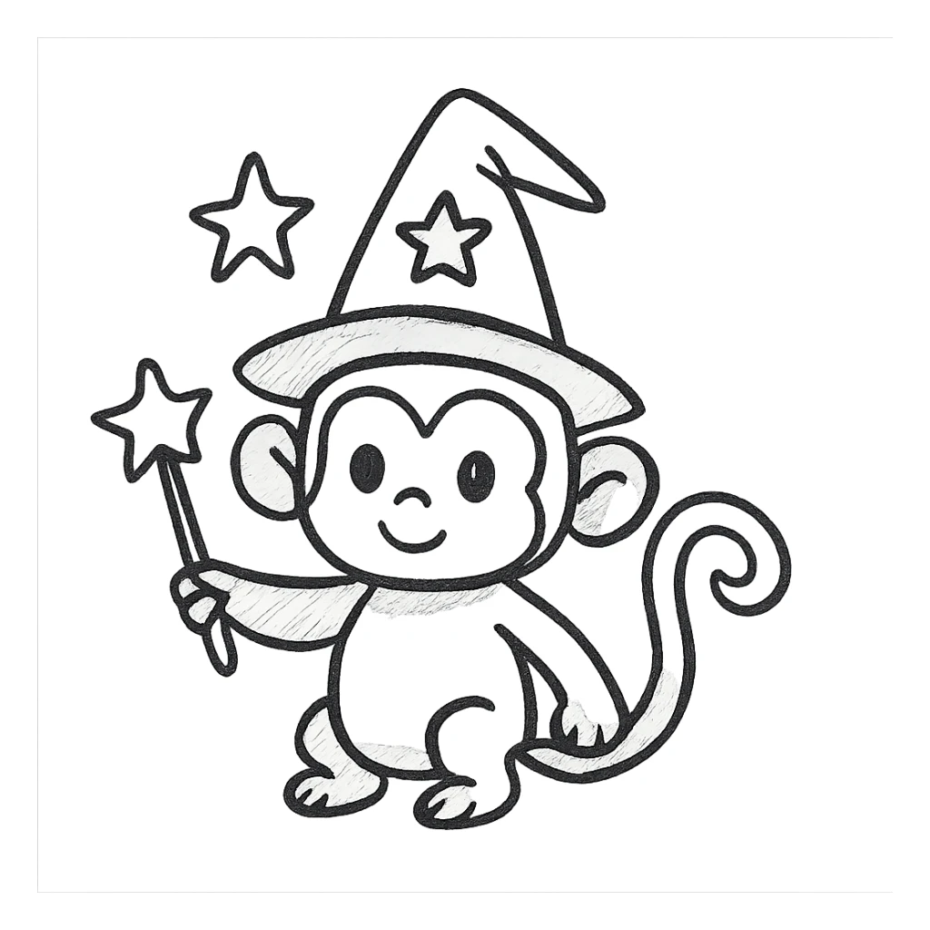 wizard monkey, hand drawn black line style, cute and playful, big eyes, star-shaped accessories sticker