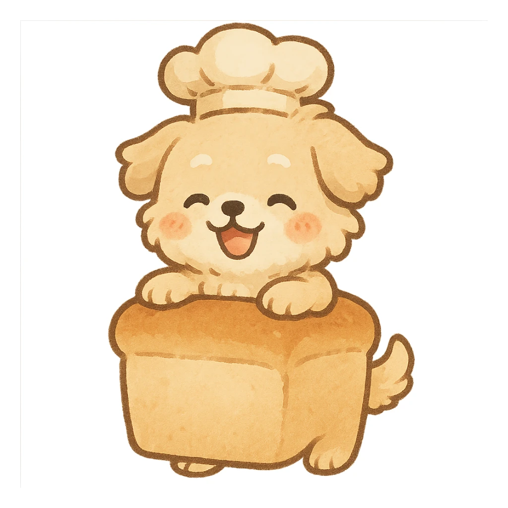 chibi style soft fluffy dog as a bread maker, peeking from a bread loaf, cheerful, warm beige, full-body sticker