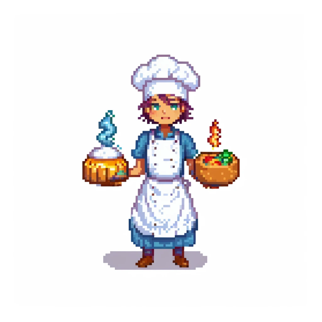 Portrait of a transcendent baker with shifting forms and layered outfits from different realities, glowing with epic energy, skeuomorphism style sticker