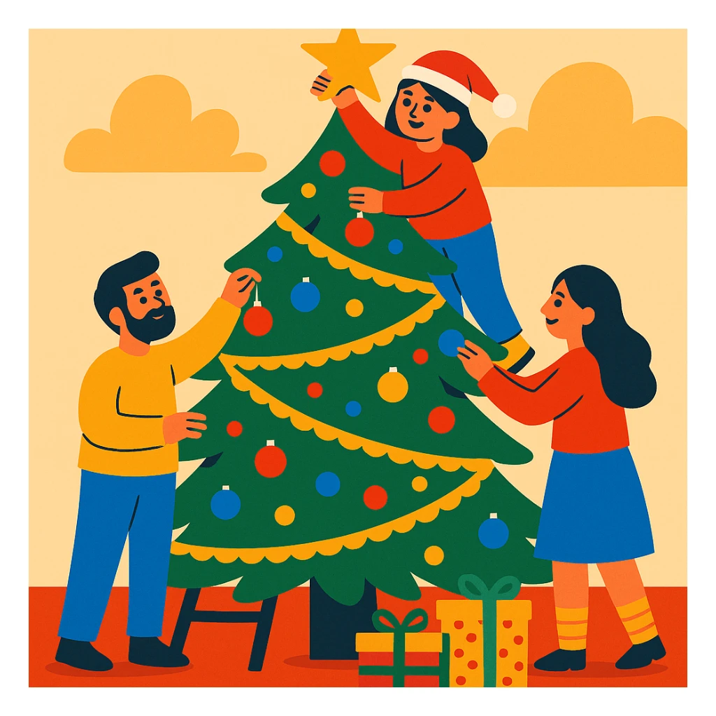 people decorating a Christmas tree sticker