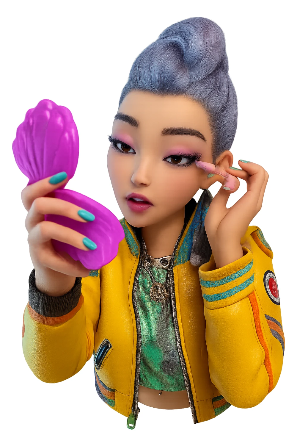 Extract the character from the background, including the clothes and accessories she is wearing, and place on a transparent background. Keep the original style and appearance exactly the same. sticker