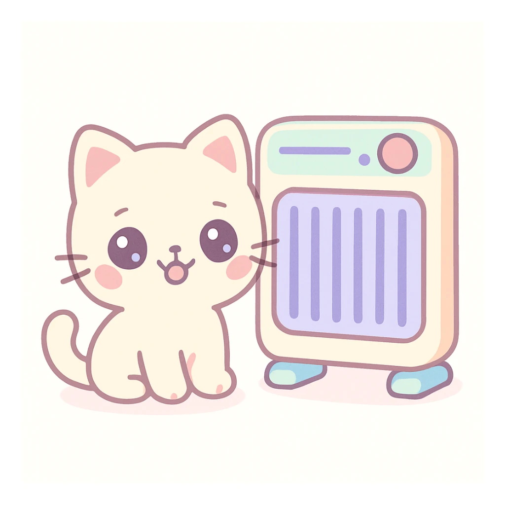 happy kawaii style kitten in front of a heater panel, light background sticker