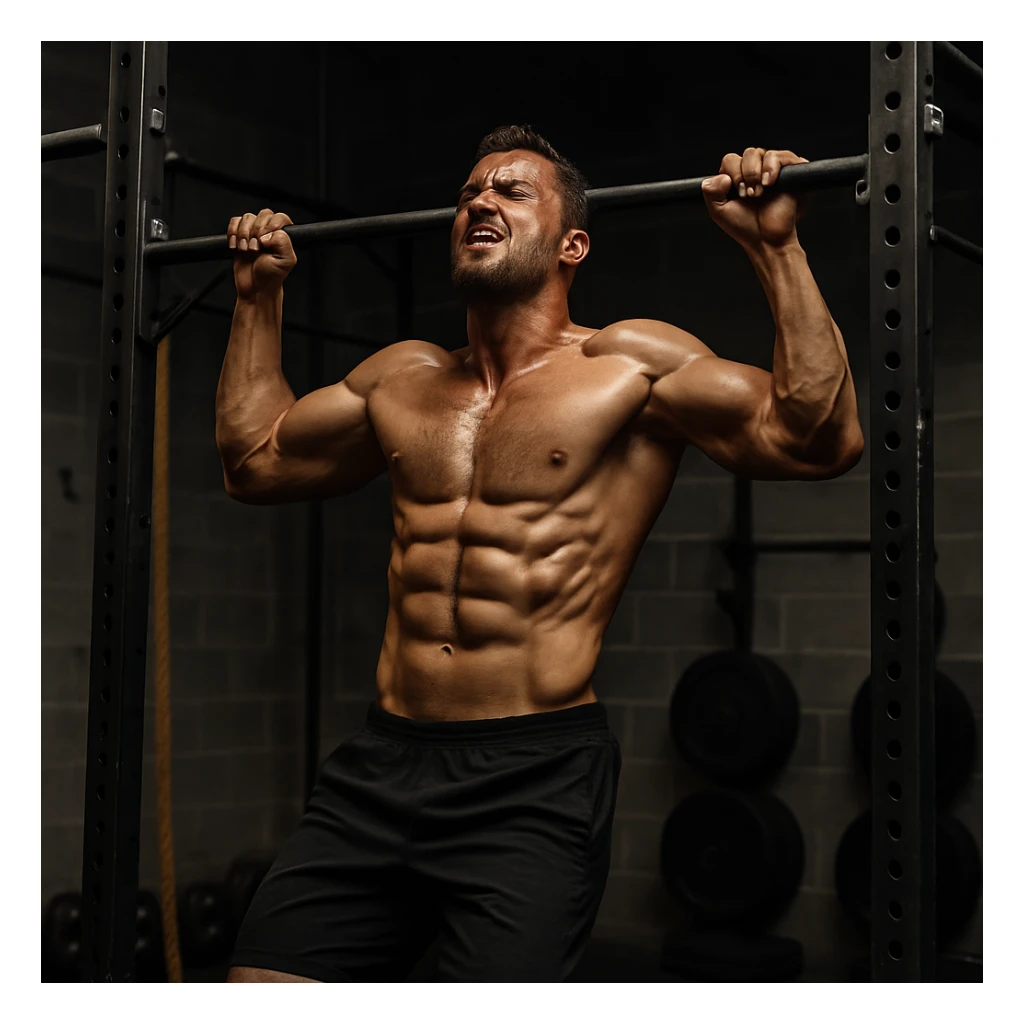 a man doing pull-ups on a bar, Crossfit gym, strong physique, intense workout sticker