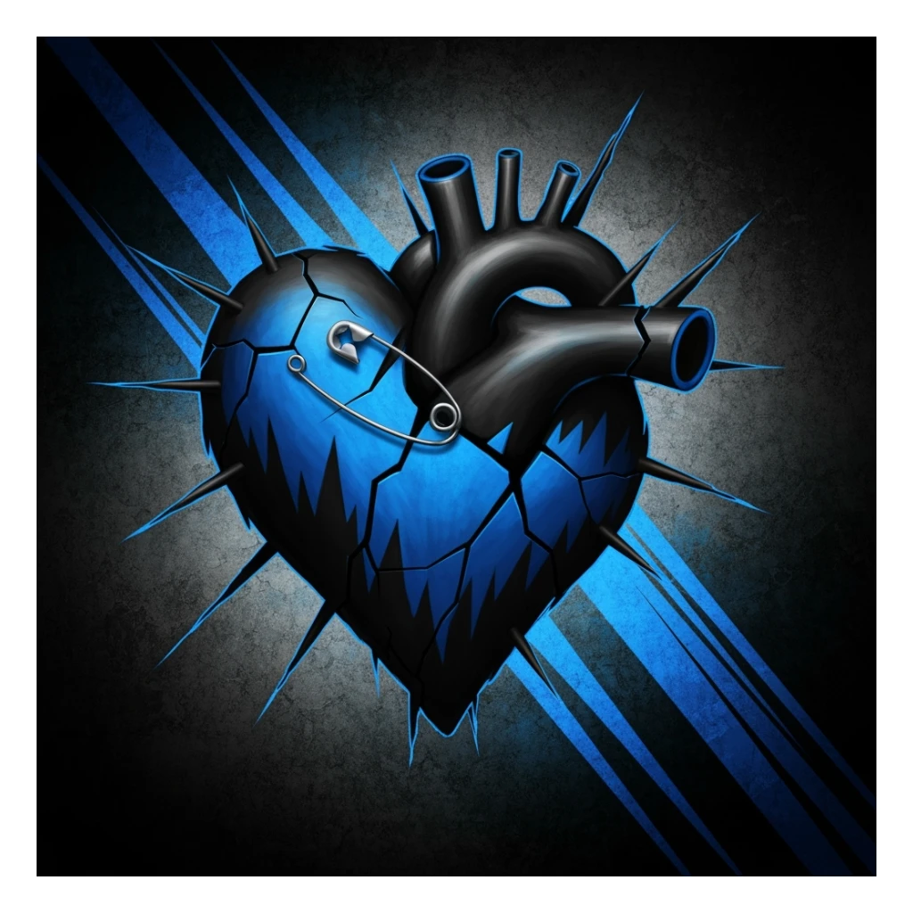 emo heart, jagged edges, black and blue, small safety pin, modern emo aesthetic sticker