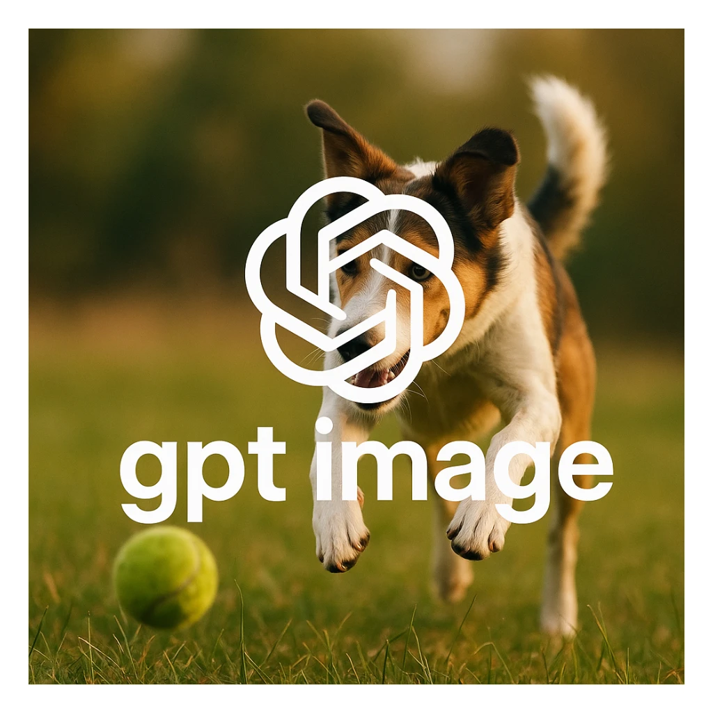  logo of chat gpt with text "gpt image" on the background of a dog chasing ball, realistic image sticker