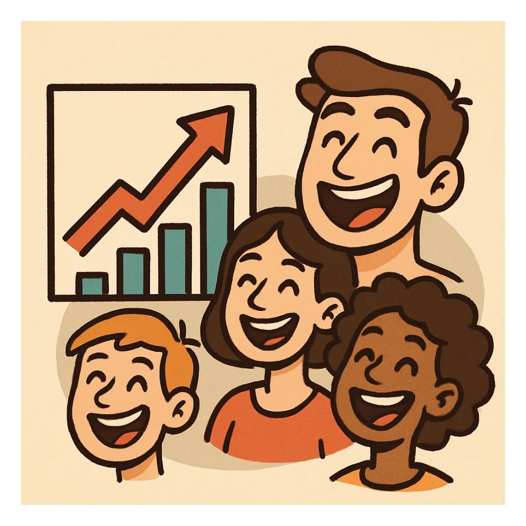 icon with upward graph and smiling faces, growth in price, joy, happiness, and success, flat style sticker