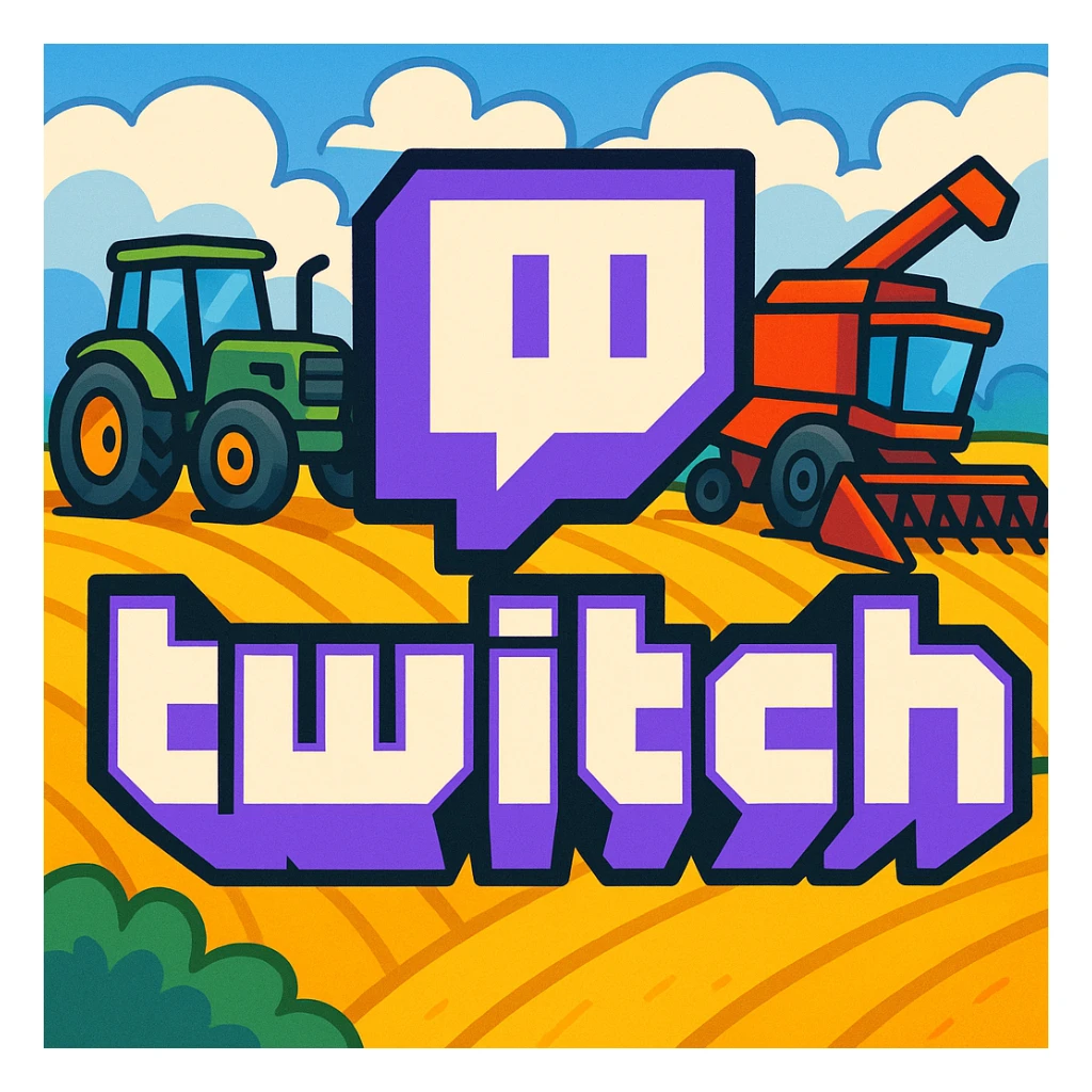 Twitch logo with a tractor and combine harvester in the background, vibrant and colorful, cartoonish style sticker