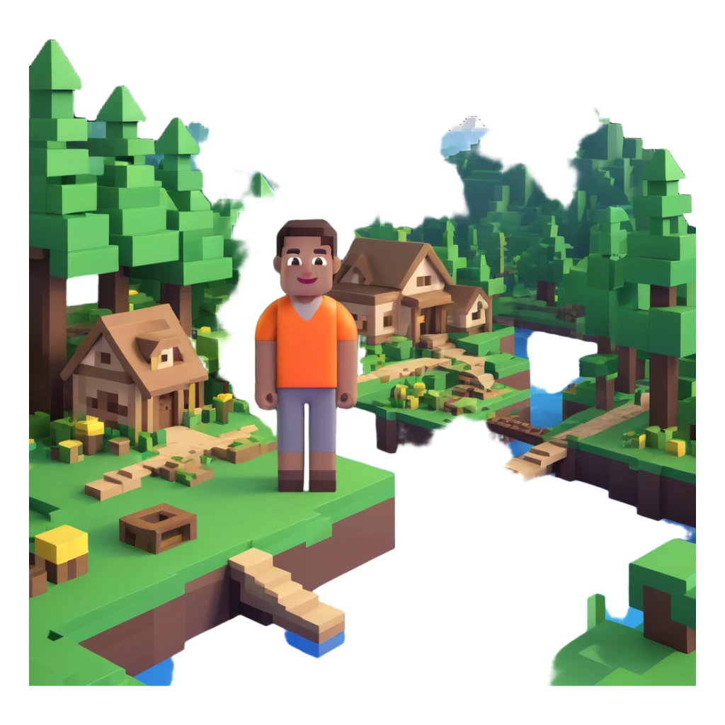Minecraft-style villager smiling in a paradise landscape with trees and rivers sticker