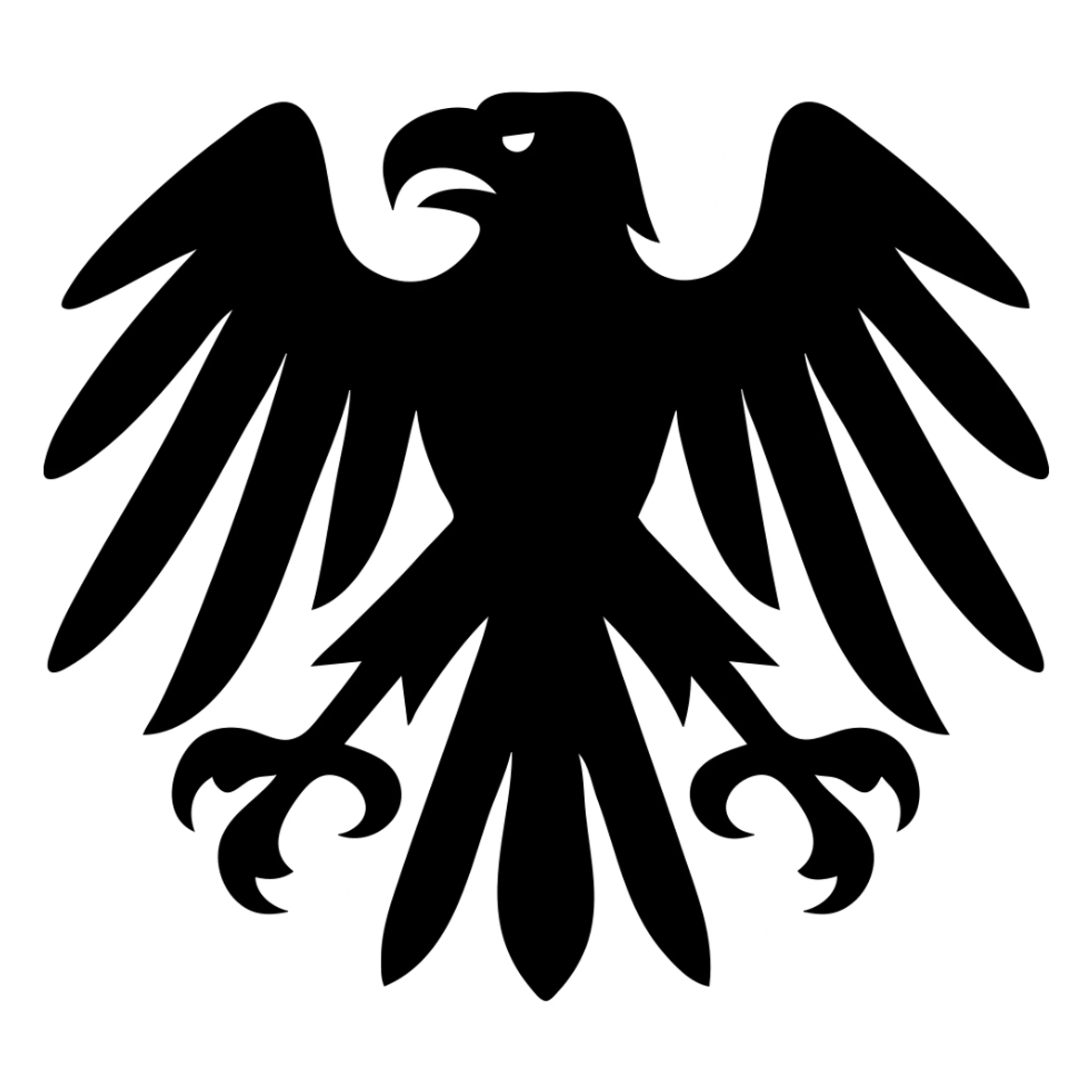Make the eagle symbol super menacing by exaggerating the claws, beak, and wings. Keep it as one solid shape with no outlines. Show the full body visible. Remove the background. sticker