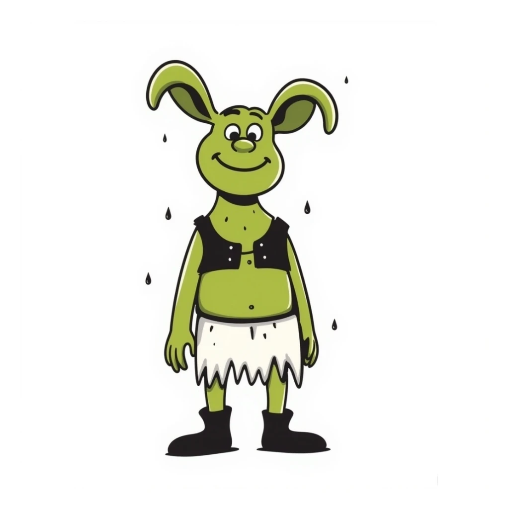 Shrek as a hand-drawn doodle, green ogre, big ears, simple lines, playful expression sticker