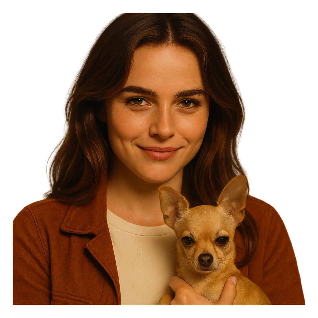 Centered portrait for Instagram profile picture inspired by the facial features visible in the reference images, with a tanned complexion, subtle freckles, shirt color #FFF8CA, rust-colored jacket, medium-length brown hair with auburn highlights, mischievous and knowing expression, holding a beige-brown chihuahua, Netflix series style, transparent background, intimate Tenerife ambiance. sticker