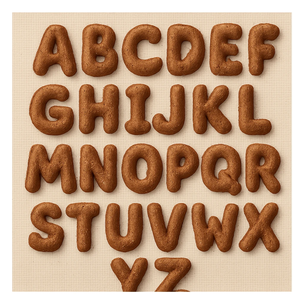 brown plush English alphabet, letters stitched onto a fabric background, soft texture sticker