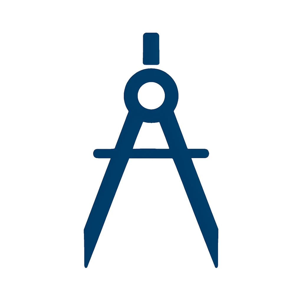 Simplify the image to a minimalist, iconic style focusing only on the compass tool. Remove all extra elements, hands, and background. Create a simple, clean navy blue compass icon in flat design style. sticker