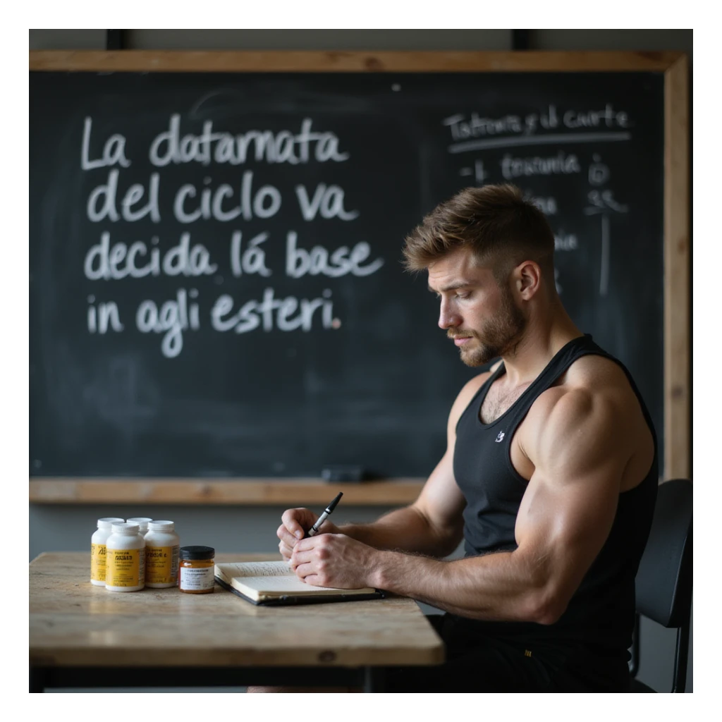 realistic young bodybuilder in sportswear taking notes in a notebook while looking at a blackboard with Italian text 'La durata del ciclo va decisa in base agli esteri', testosterone boxes next to him, learning atmosphere, gym background, 4K quality sticker