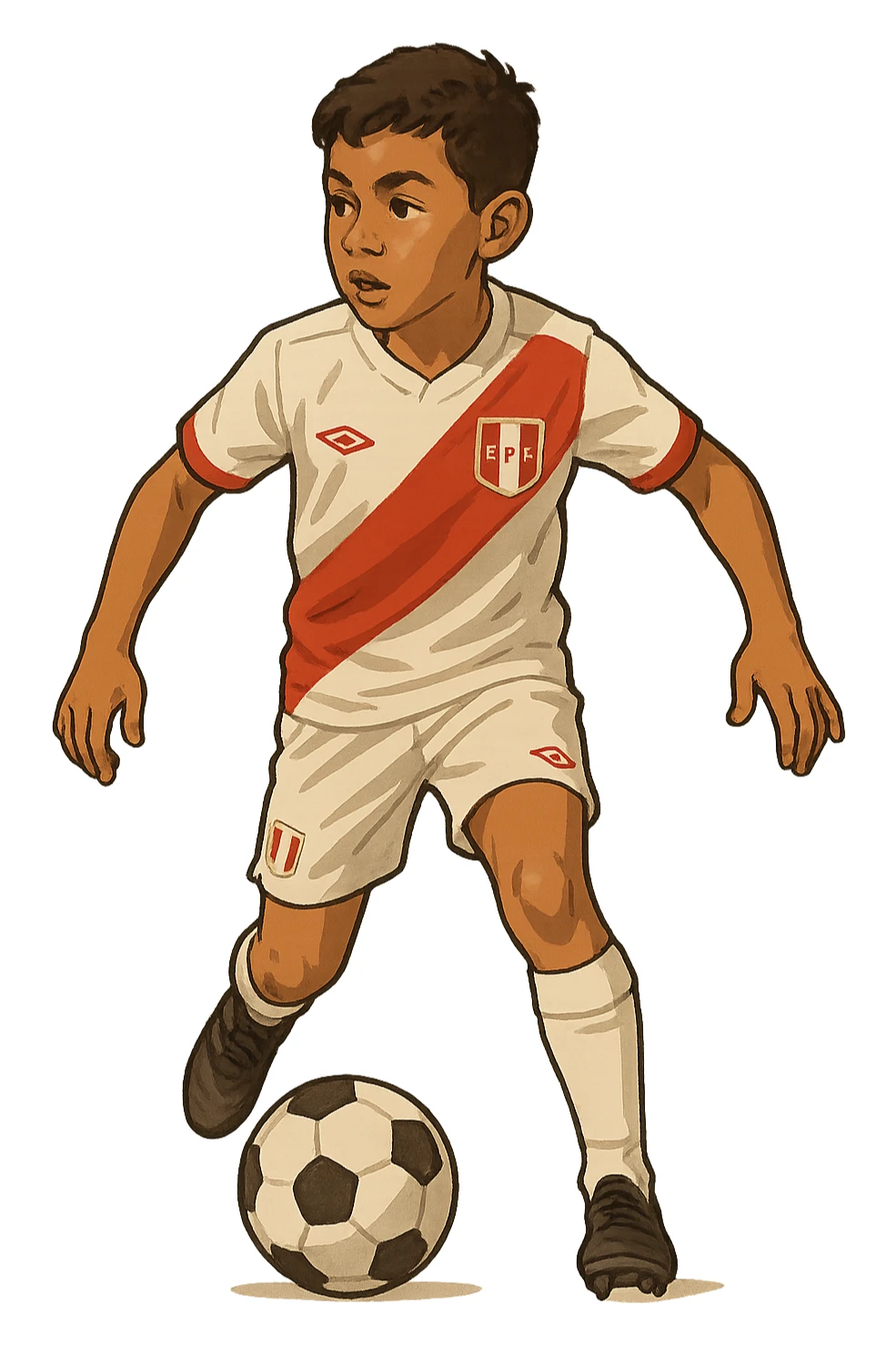 young Peruvian soccer player in action with ball, simplified realistic style sticker