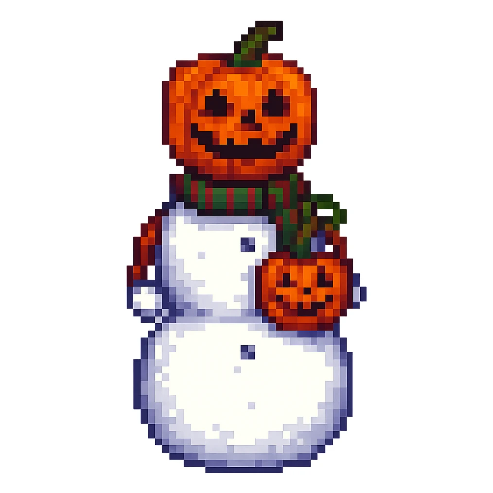 Change the snowman's head to a hollowed-out pumpkin while keeping the body like a classic snowman. Render in pixel art style. Remove the background. sticker