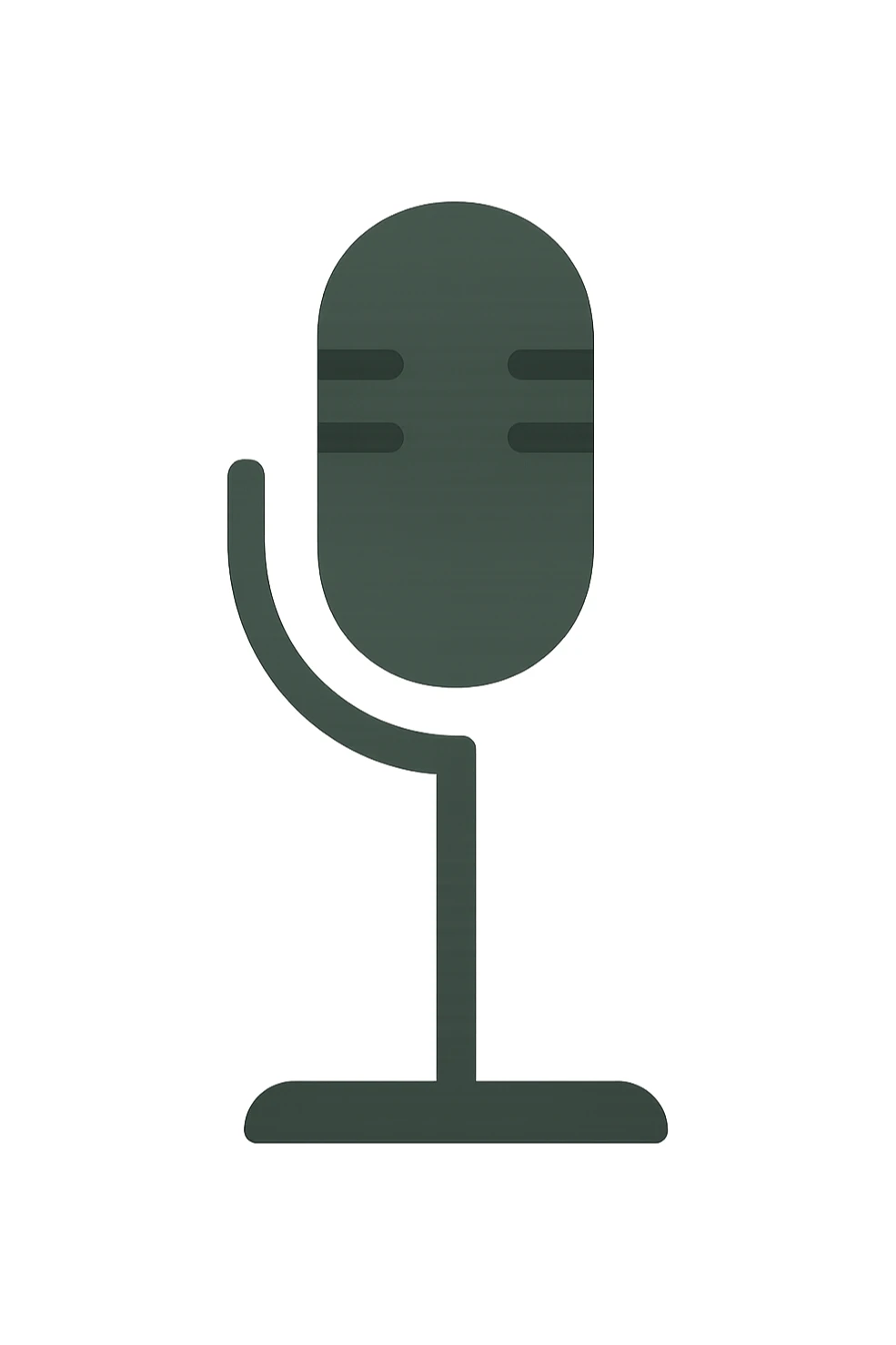 Create a minimalist microphone on a stand with the shape as shown in the reference image. Use a dark green color. The style should resemble iOS emoji style, without any smileys or faces. Transparent background. sticker