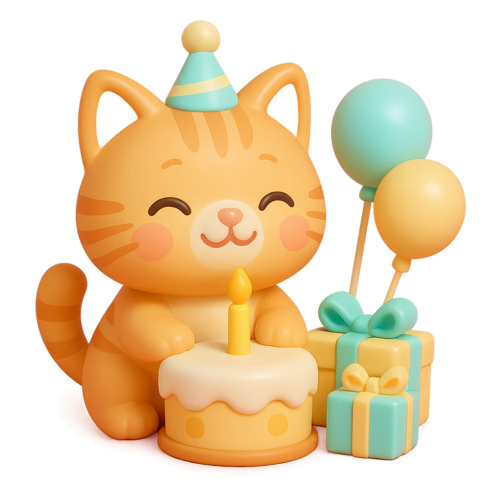 ginger tabby kitten celebrating birthday, wearing a birthday hat, with birthday cake, balloons, happy expression, and gifts sticker