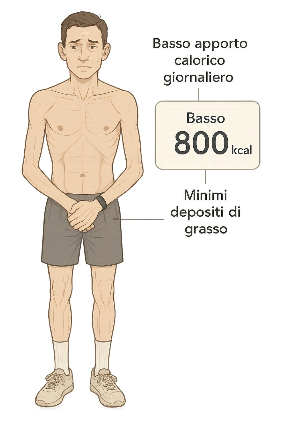 a lean man stands in a clinical setting, with a semi-transparent overlay showing reduced muscle mass and minimal fat stores. His expression is slightly fatigued, and a digital chart beside him displays a low daily calorie intake. The background is clean and modern, emphasizing the effects of a low-calorie diet. con scritte in italiano sticker