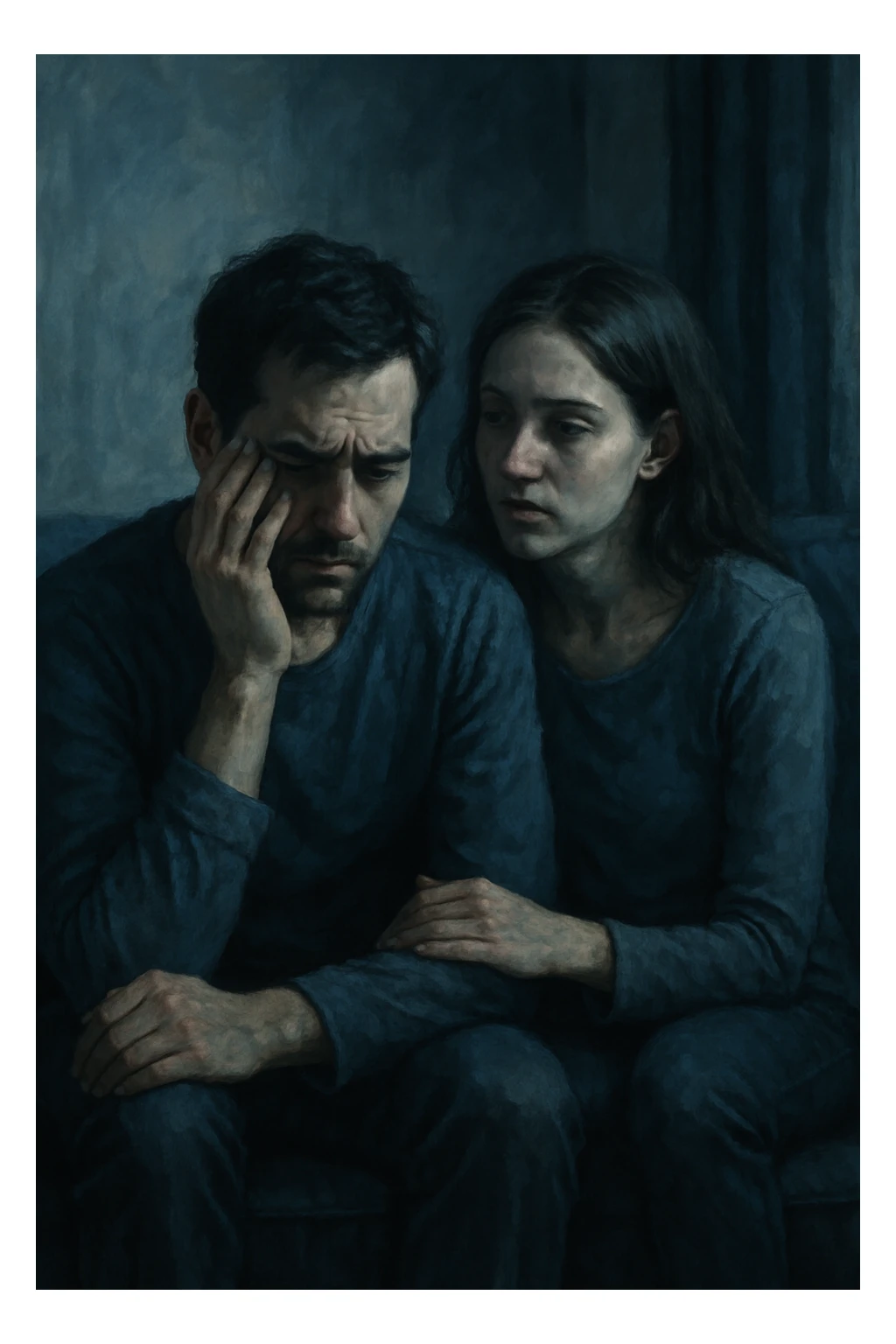 Vertical format: A couple sitting on a sofa, the man immersed in his negative thoughts, the woman seeming to absorb his energy, tense atmosphere, cool colors. sticker