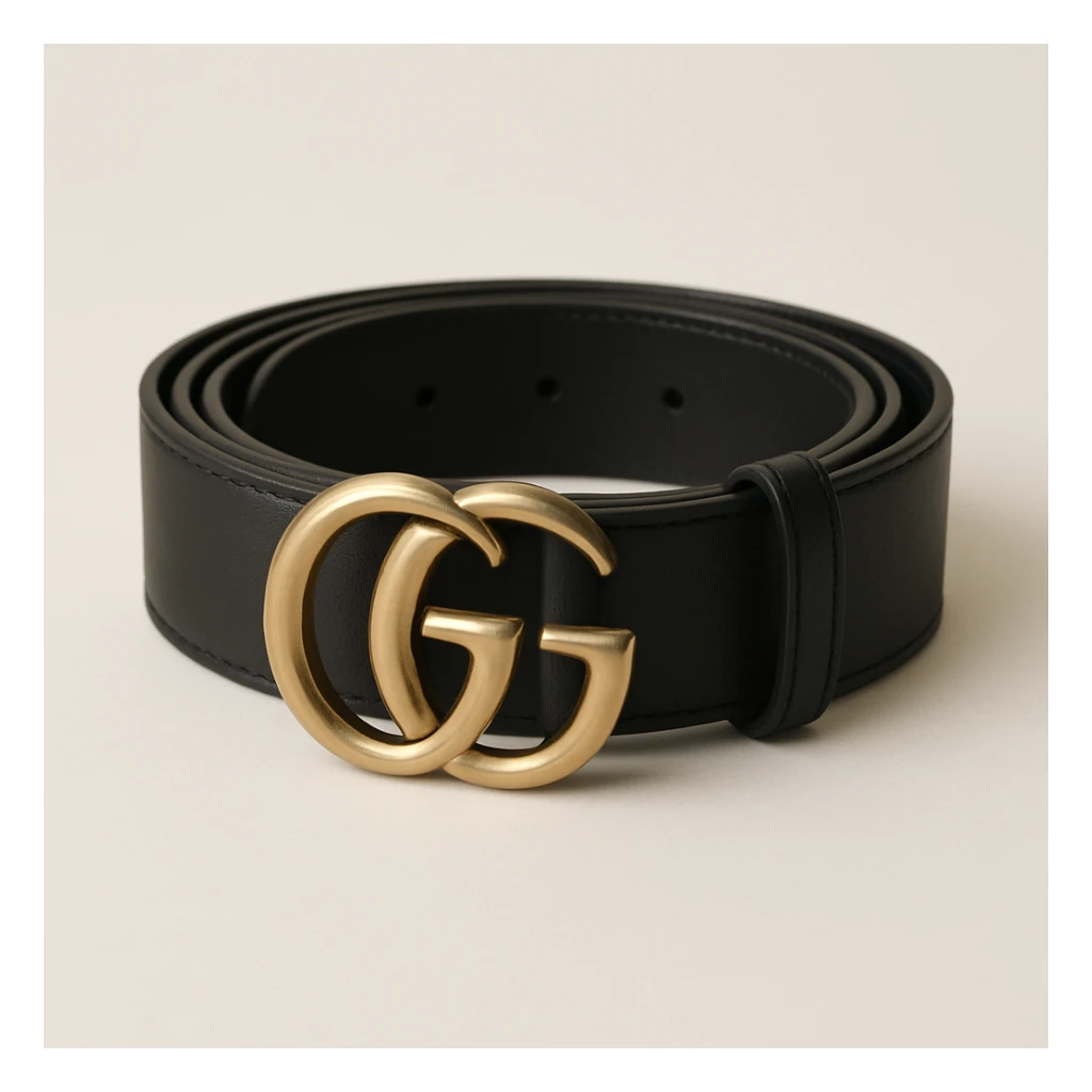a Gucci belt, coiled with visible GG buckle, black leather, luxury branding, minimalistic style sticker