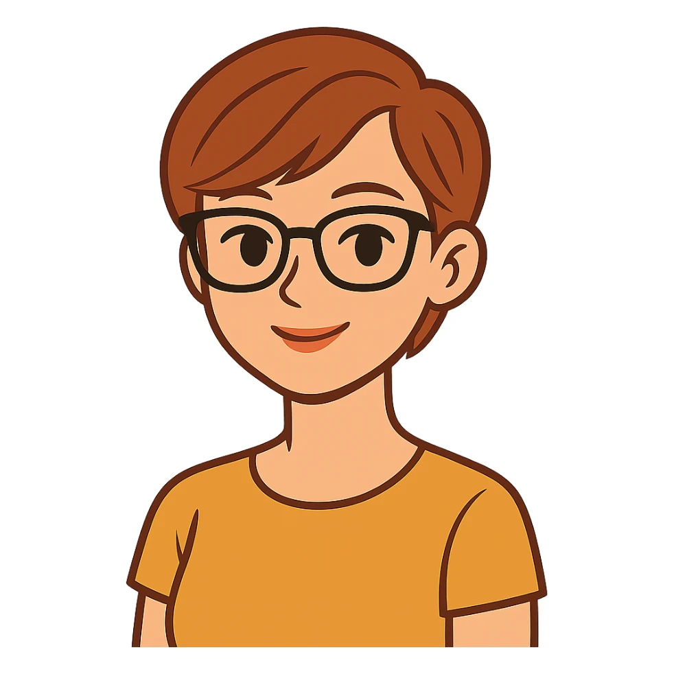 flat toon style woman in her 20s with auburn pixie cut (side part) and glasses sticker