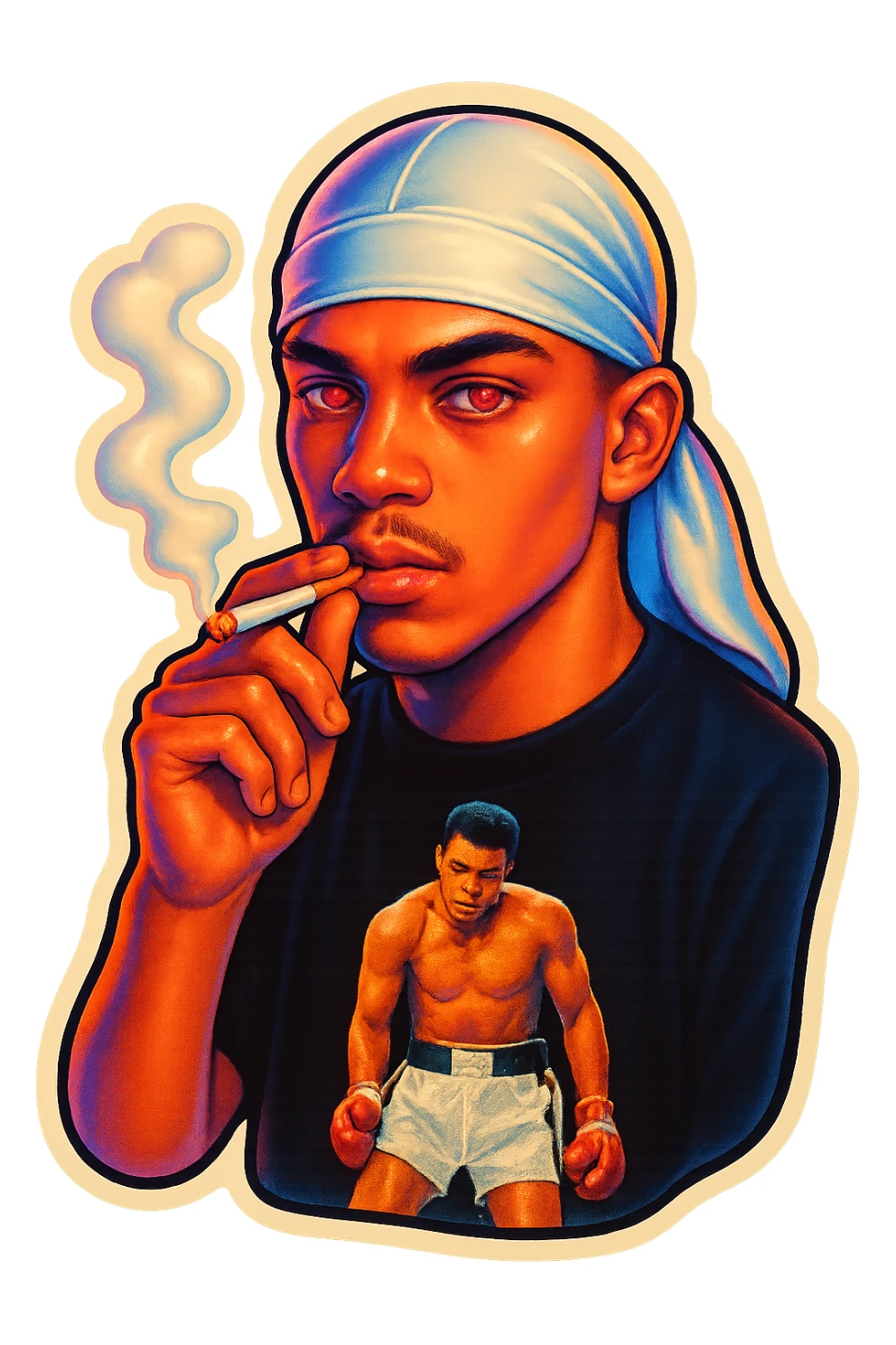 Red eyeds
Smoking
Change His durag To white sticker