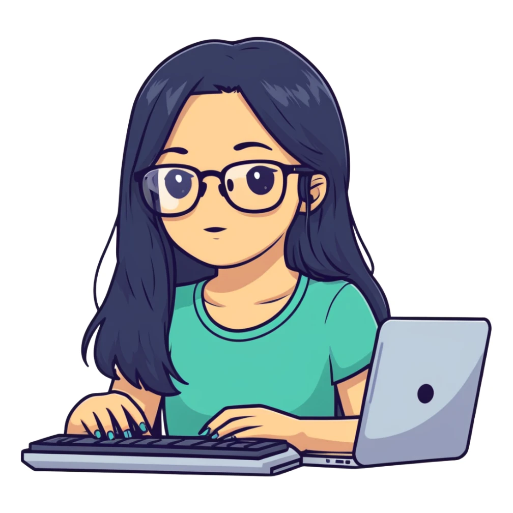 Girl with long black hair, glasses, nostril piercing, and a computer sticker